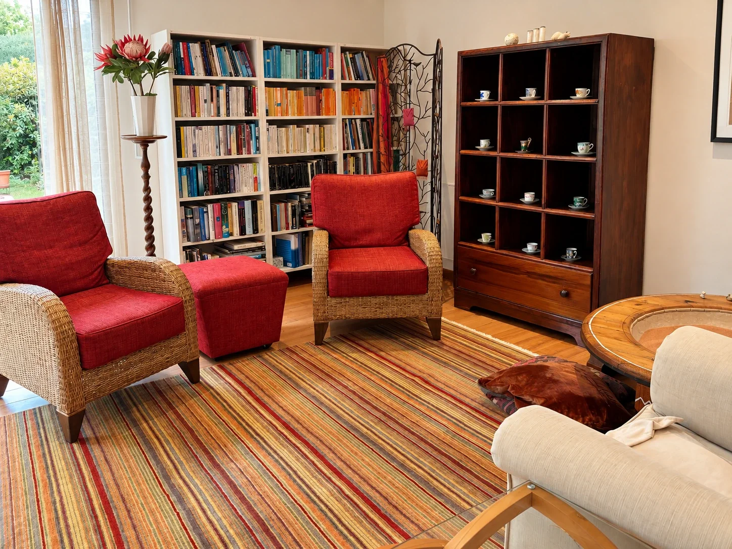 Two red wicker chairs, bookshelves and a striped rug in the Newlands counselling room