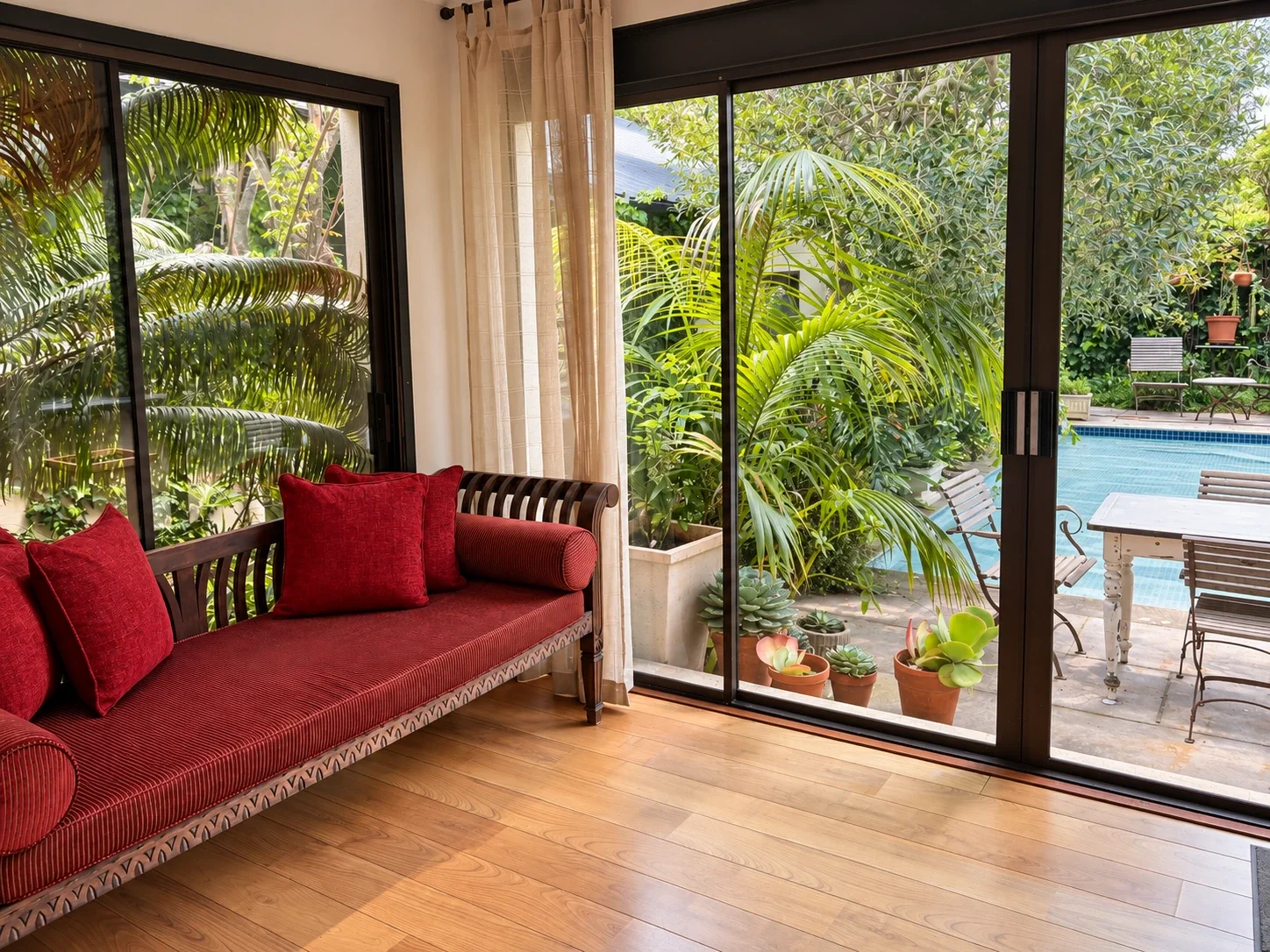 Natural light and a garden outlook through the Newlands consulting room's glass doors