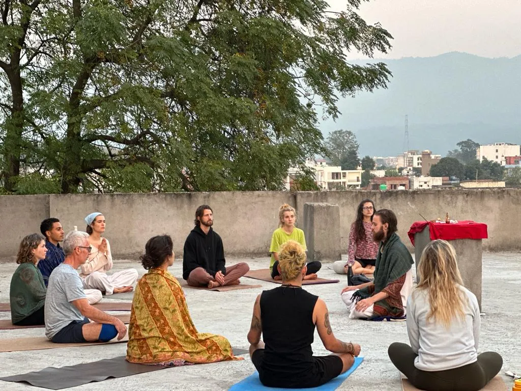 Rooftop meditation session, Rishikesh, India